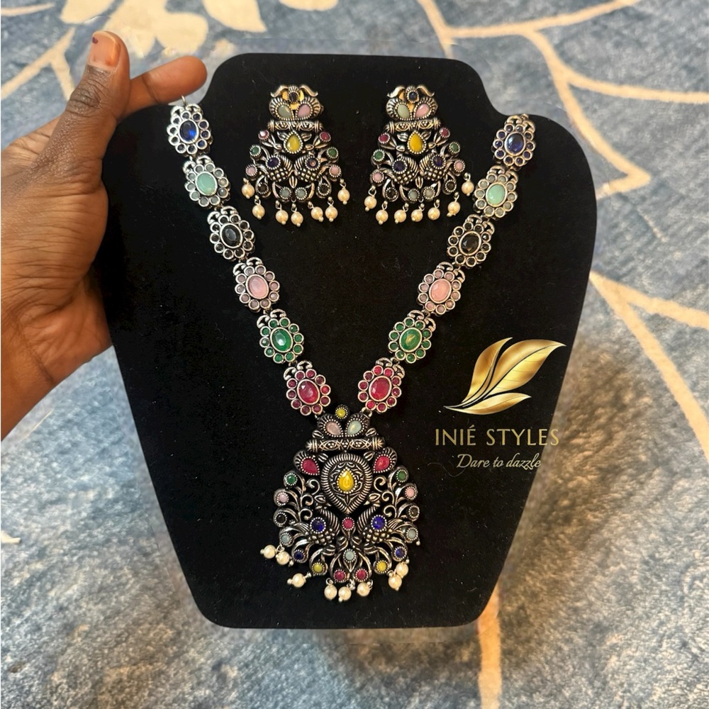 Multicolor Oxidized Statement Necklace - image 3